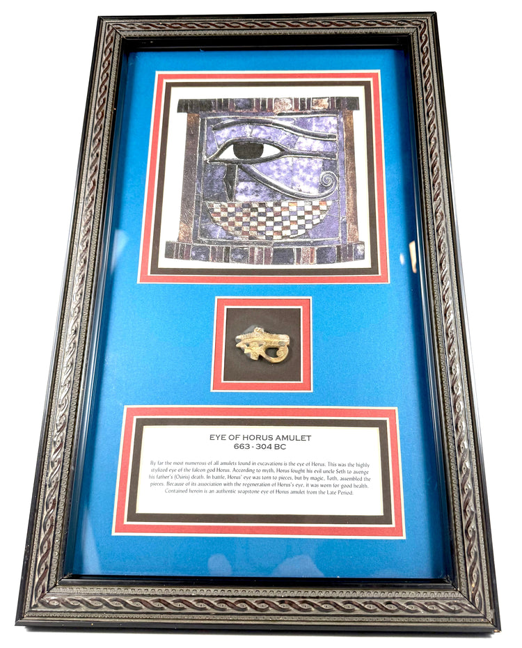 Historical information plaque accompanying an Egyptian Wedjat amulet, explaining the mythology of Horus, Seth, and Thoth.