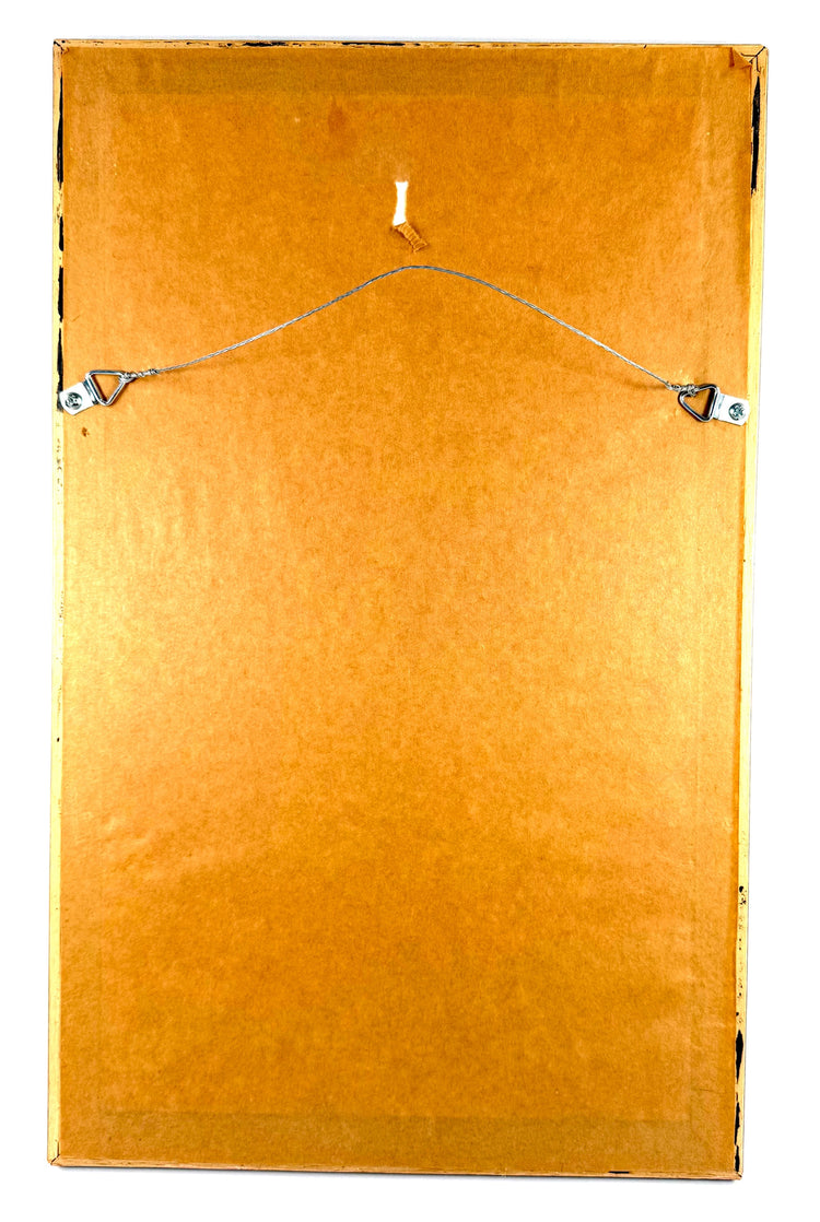 Reverse of a framed ancient Egyptian Eye of Horus amulet display, showing the hanging wire and attachment hardware for wall mounting.