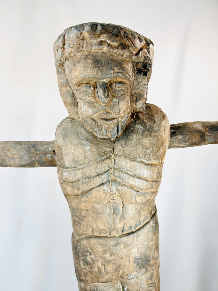 Spanish Colonial Christ figure with carved ribs and crown of thorns