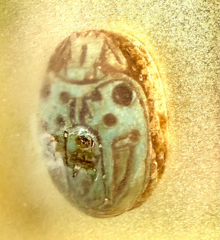 Historical Egyptian scarab identification plaque describing the sacred beetle's association with solar rebirth and resurrection.