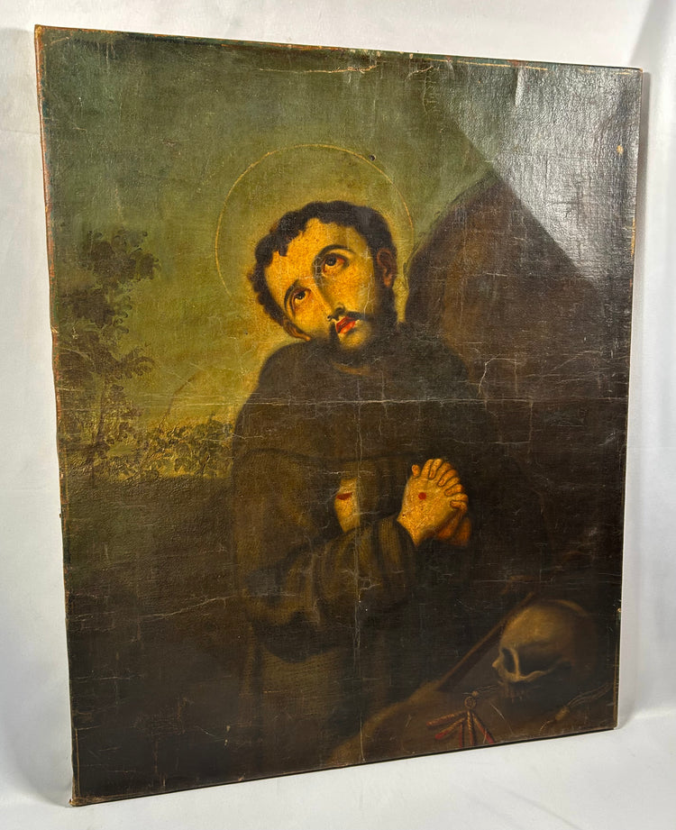 Antique Saint Francis painting with aged craquelure and patina