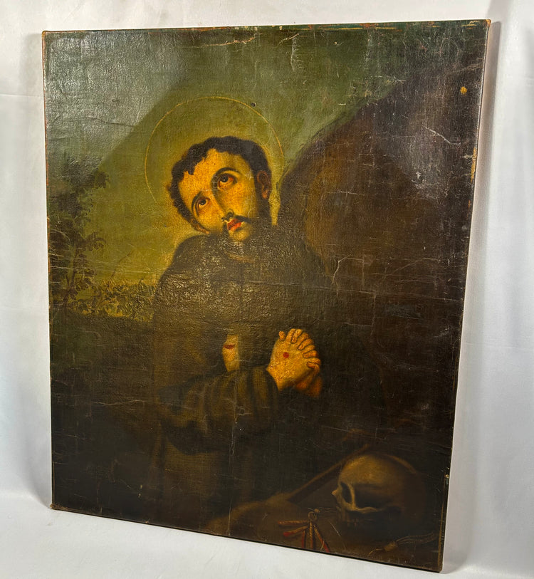 Oil on canvas depicting Saint Francis with dramatic chiaroscuro lighting