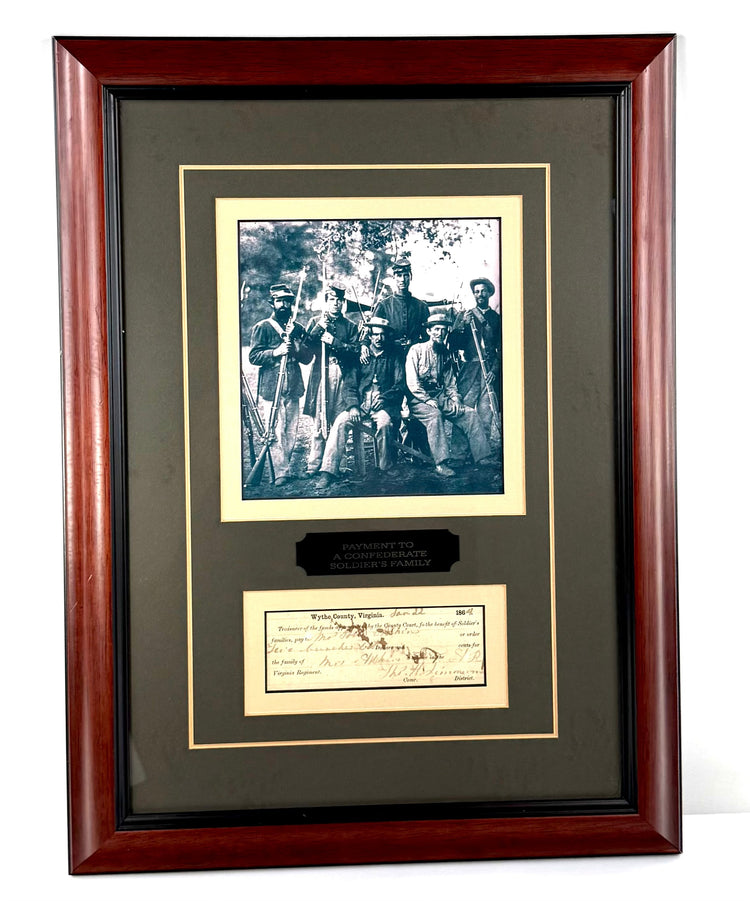 Framed American Civil War historical document featuring a Confederate soldier photograph, engraved identification plaque, and original payment voucher.
