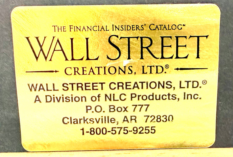 Original Wall Street Creations Ltd. identification label from Clarksville, Arkansas, associated with the framed Confederate Civil War historical document.