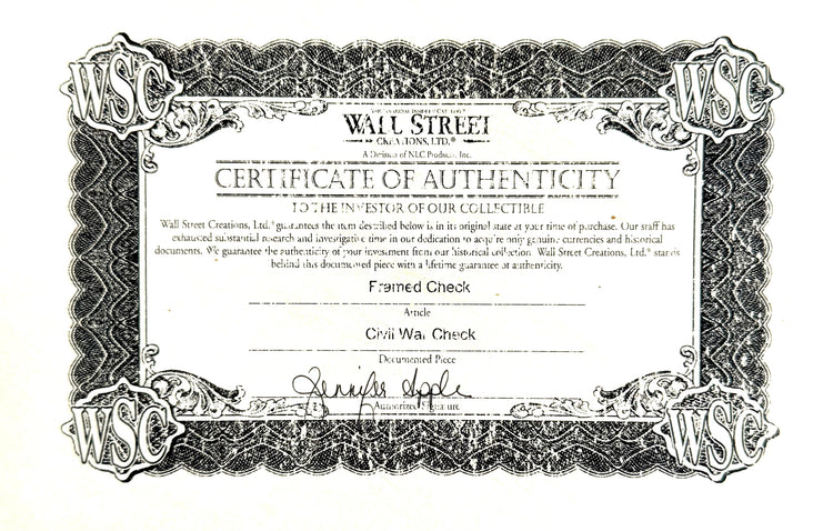 Wall Street Creations Ltd. Certificate of Authenticity identifying the original 1864 Confederate soldier's family relief voucher as a Civil War Check.