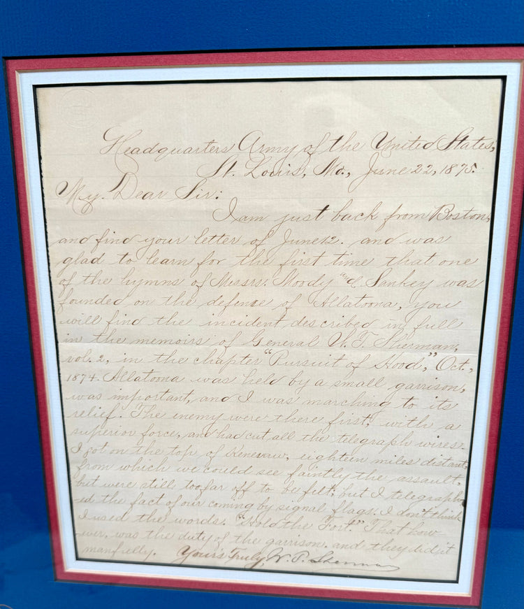 Handwritten-style reproduction of General Sherman's 1875 correspondence featuring cursive text, reproduced signature, and historical military references.