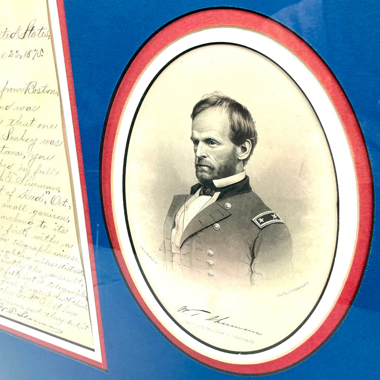 Engraved-style portrait of Union General William Tecumseh Sherman in military uniform, displayed beside his reproduced Civil War correspondence.