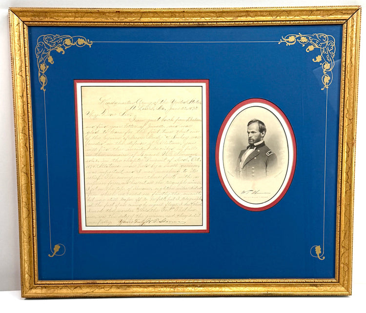 Historical Sherman correspondence facsimile and Union general portrait displayed against royal-blue matting with decorative gold floral patterns.