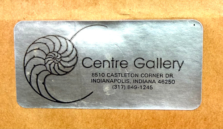 Centre Gallery brushed-metal identification plaque featuring a spiral logo and Indianapolis, Indiana address, attached to the reverse of the framed William Tecumseh Sherman historical display.