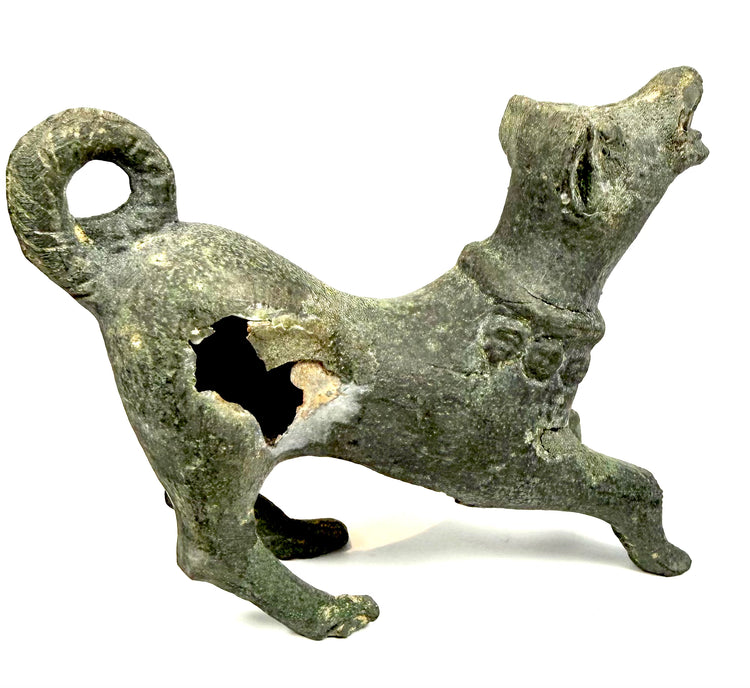 Detailed view of a Roman bronze barking dog with open jaws, pronounced muzzle, upright ears, and textured facial modelling.