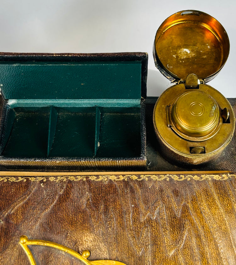 Early 1900s writing slope with brass fittings and decorative exterior
