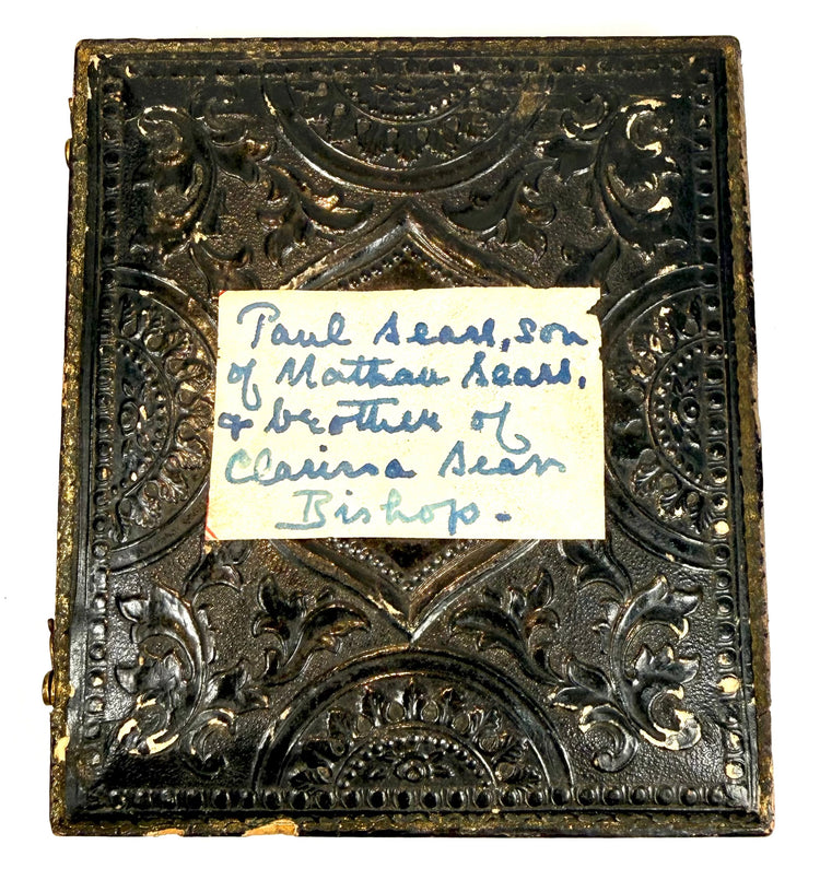 Handwritten identification label on an antique Victorian photographic case naming Paul Sears, son of Nathan Sears and brother of Clarissa Sears Bishop.