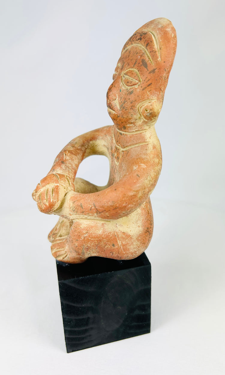 Ancient West Mexican shaft tomb artifact, hand-molded terracotta, red slip, stylized human figure