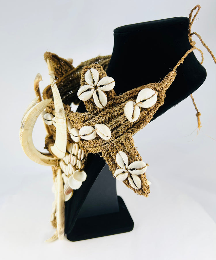 Ethnographic Melanesian ceremonial apron, early 1900s, boar tusks, cowrie shells, tribal artifact