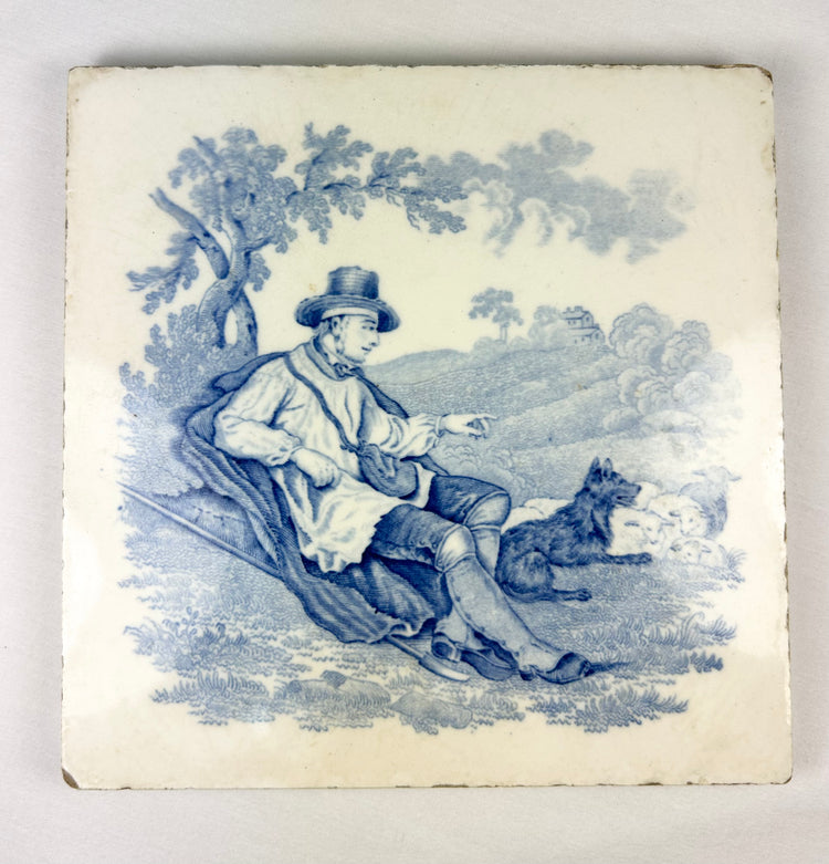 Late 19th century Staffordshire Minton glazed earthenware tile, cobalt blue transfer-printed pastoral scene of seated shepherd with sheep under tree, Victorian decorative ceramic