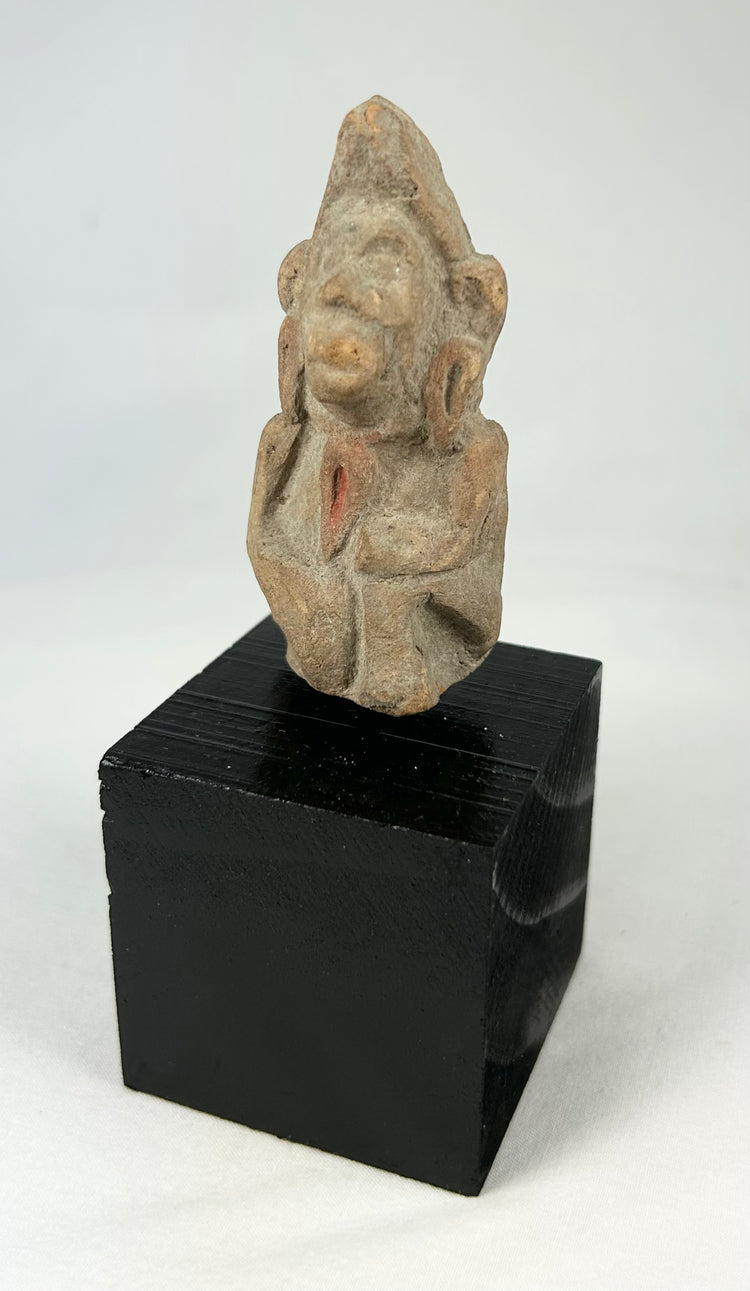 Early Indian terracotta figurine, hand-shaped votive artifact, 3rd–6th century CE, faint pigment, display-mounted
