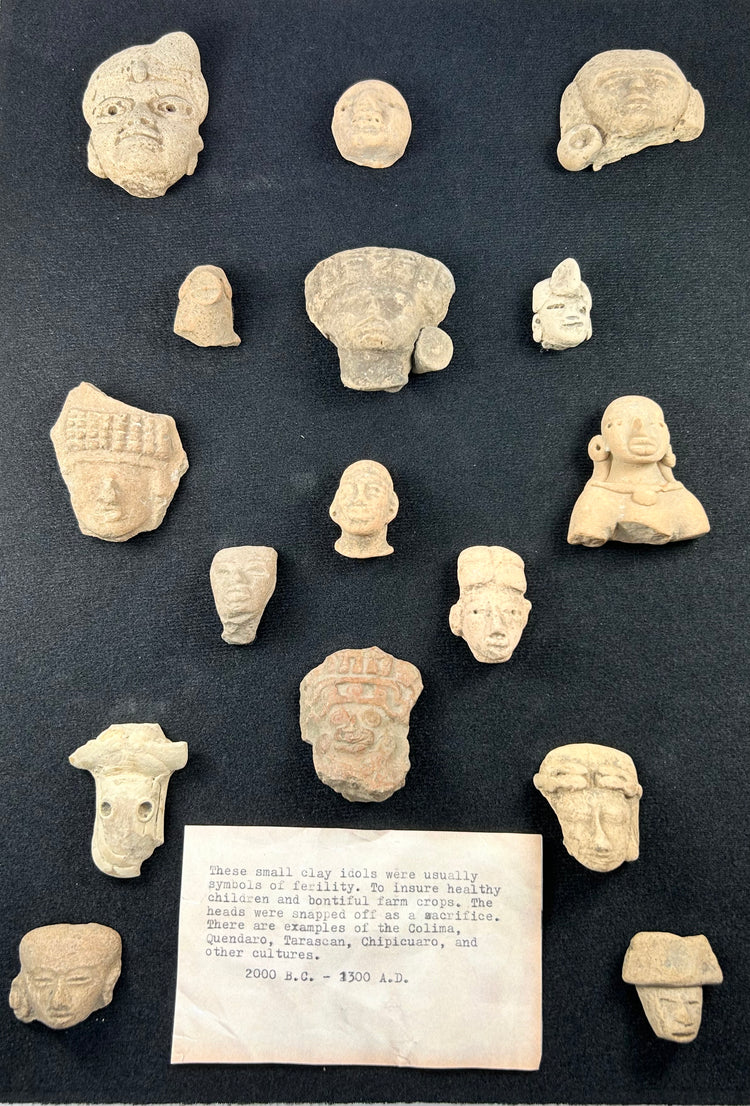 Mesoamerican terracotta fragments, 200 BCE–900 CE, Teotihuacan and Veracruz traditions, mounted in shadowbox