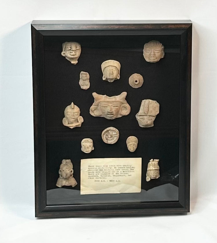 Pre-Columbian Mesoamerican terracotta fragments shadowbox, 200 BCE–900 CE