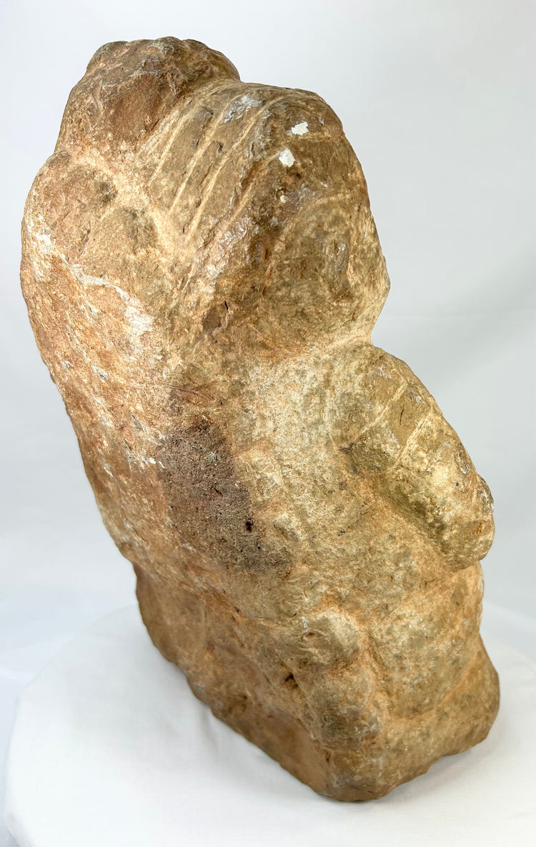 Rear view of Majapahit three-faced Brahma stone sculpture, 14th–15th century Java, Indonesia, carved from volcanic andesite with natural patina and temple wear.