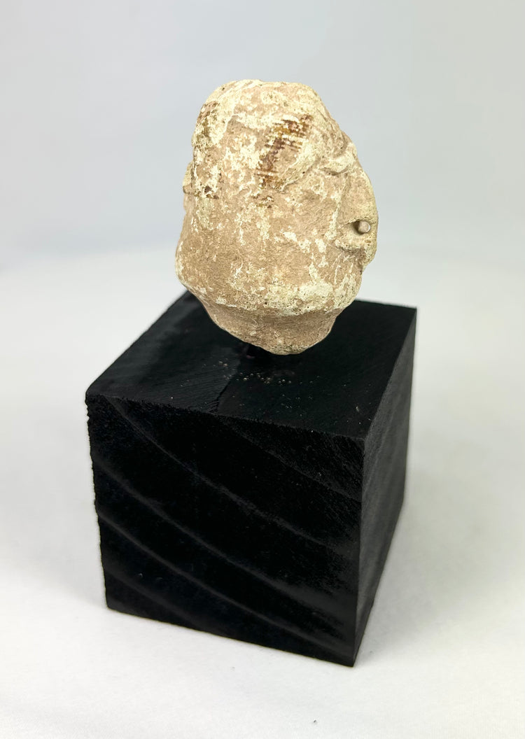 Mesopotamian carved stone head from ritual figurine, 2000–800 BCE, mounted on black display stand