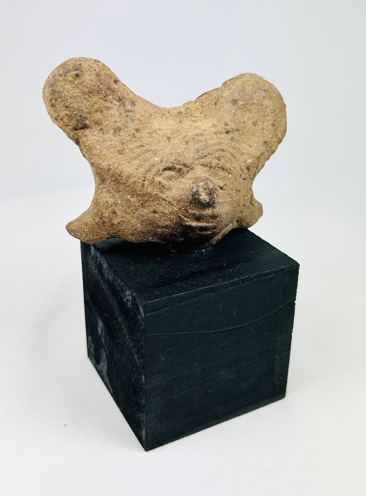 Stylized Pre-Columbian terracotta head fragment with burial encrustations