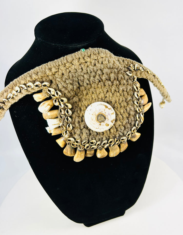 Ethnographic Papua New Guinea adornment, woven fibers, cowrie shell, animal teeth, 19th–20th century