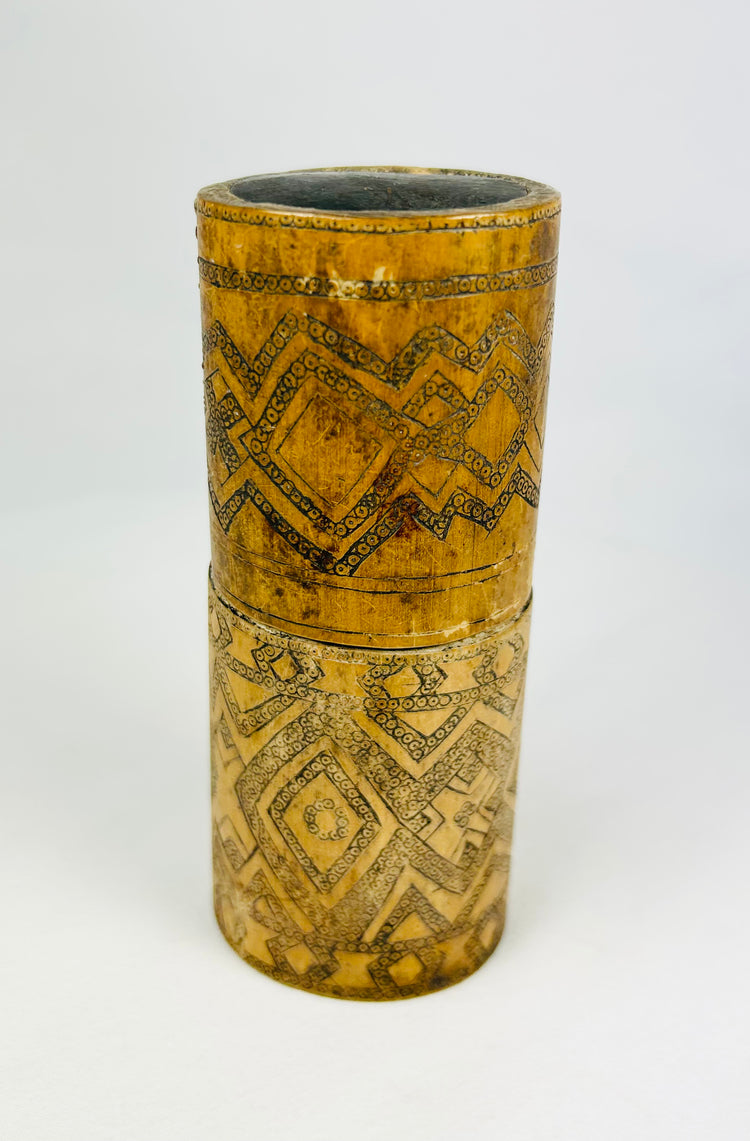 Carved Bamboo Container with Fitted Lid | Incised Geometric Design | Circa 19th Century