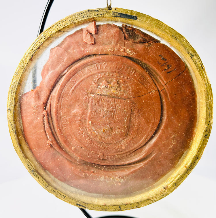 Detailed red wax royal seal of King Philip IV displayed on white background