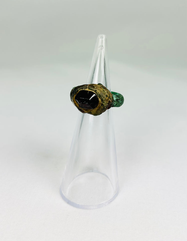 Ancient Neo-Assyrian bronze ring with deep red garnet intaglio