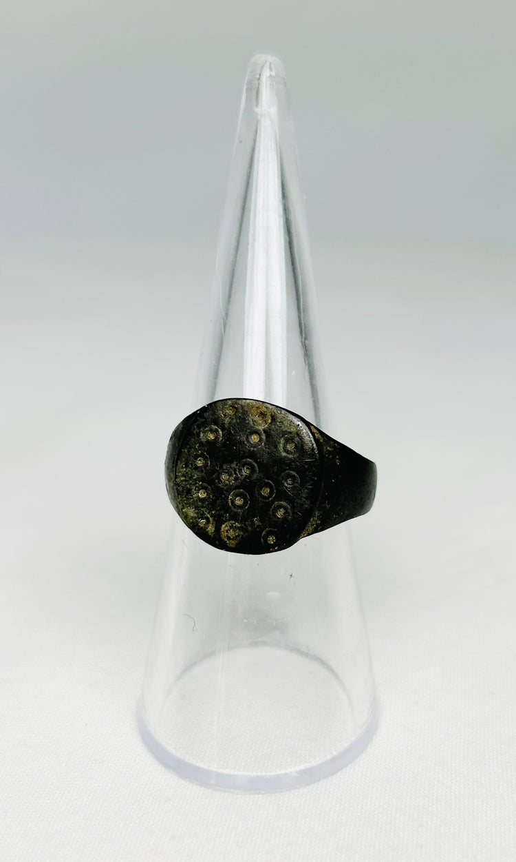 Ancient Roman Bronze Ring | Flat Bezel with Ring-and-Dot Solar Motifs | 1st–3rd Century CE