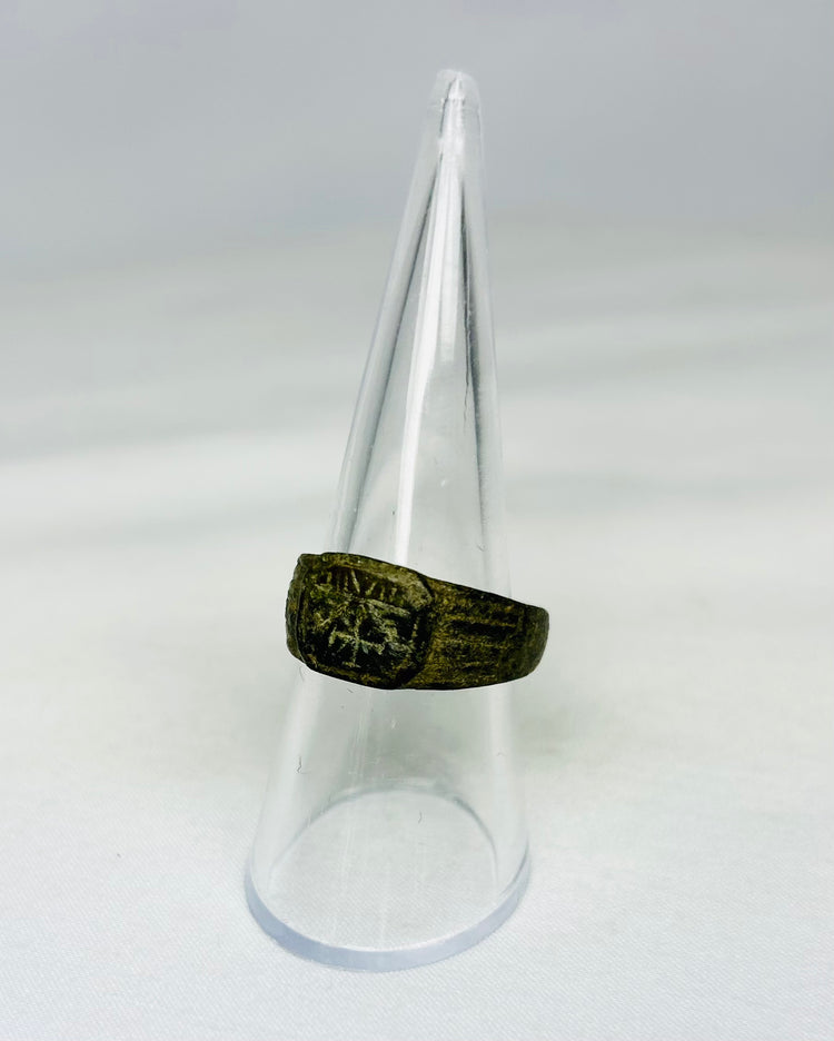 Ancient Roman bronze ring, authentic 1st–4th Century CE antiquity with Chi-Rho engraving, certified and available at Relic and Rarity.