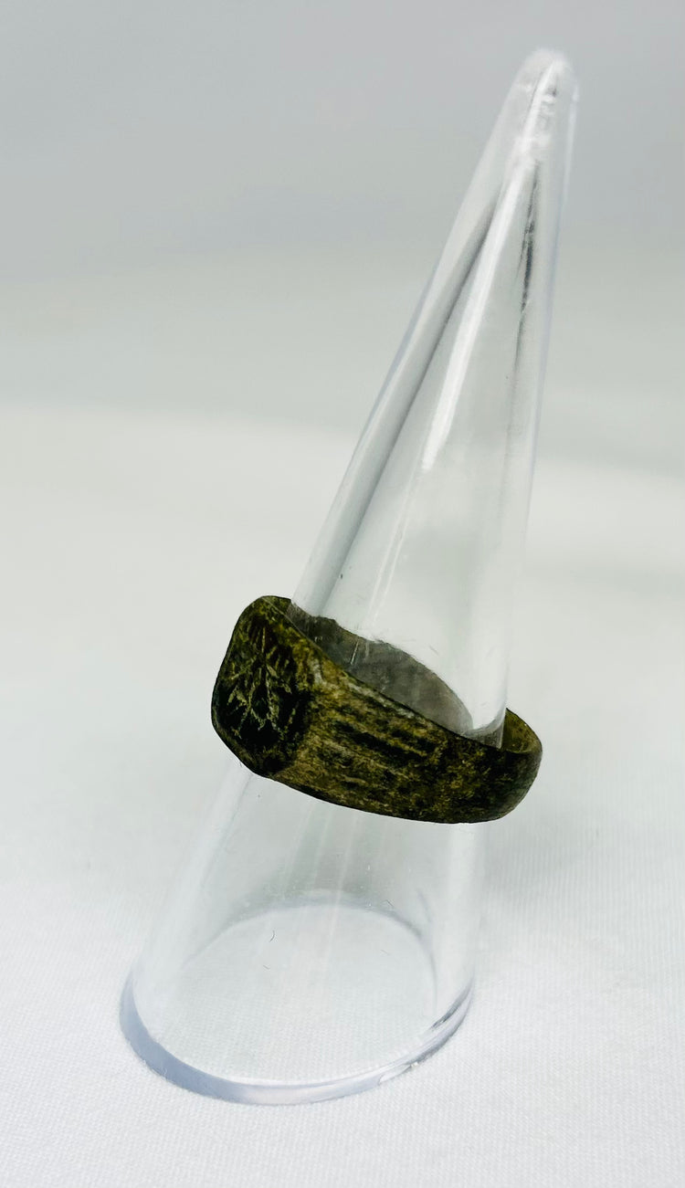 Side view of ancient Roman bronze ring, early Christian Chi-Rho symbol, 1st–4th Century CE, genuine antiquity from Relic and Rarity.