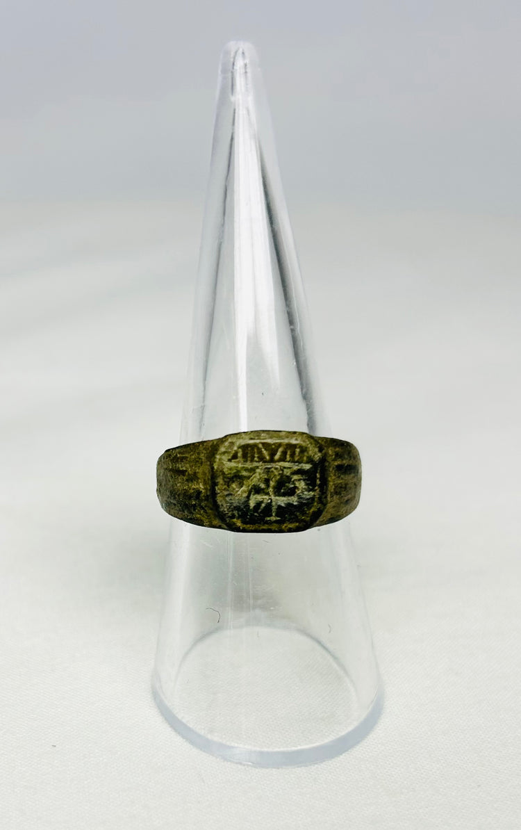 Roman bronze ring from early Christian period (1st–4th Century CE), Christogram engraving visible, genuine artifact from Relic and Rarity.