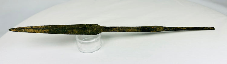 Ancient Eastern Mediterranean bronze spearhead reflecting metallurgy and martial use