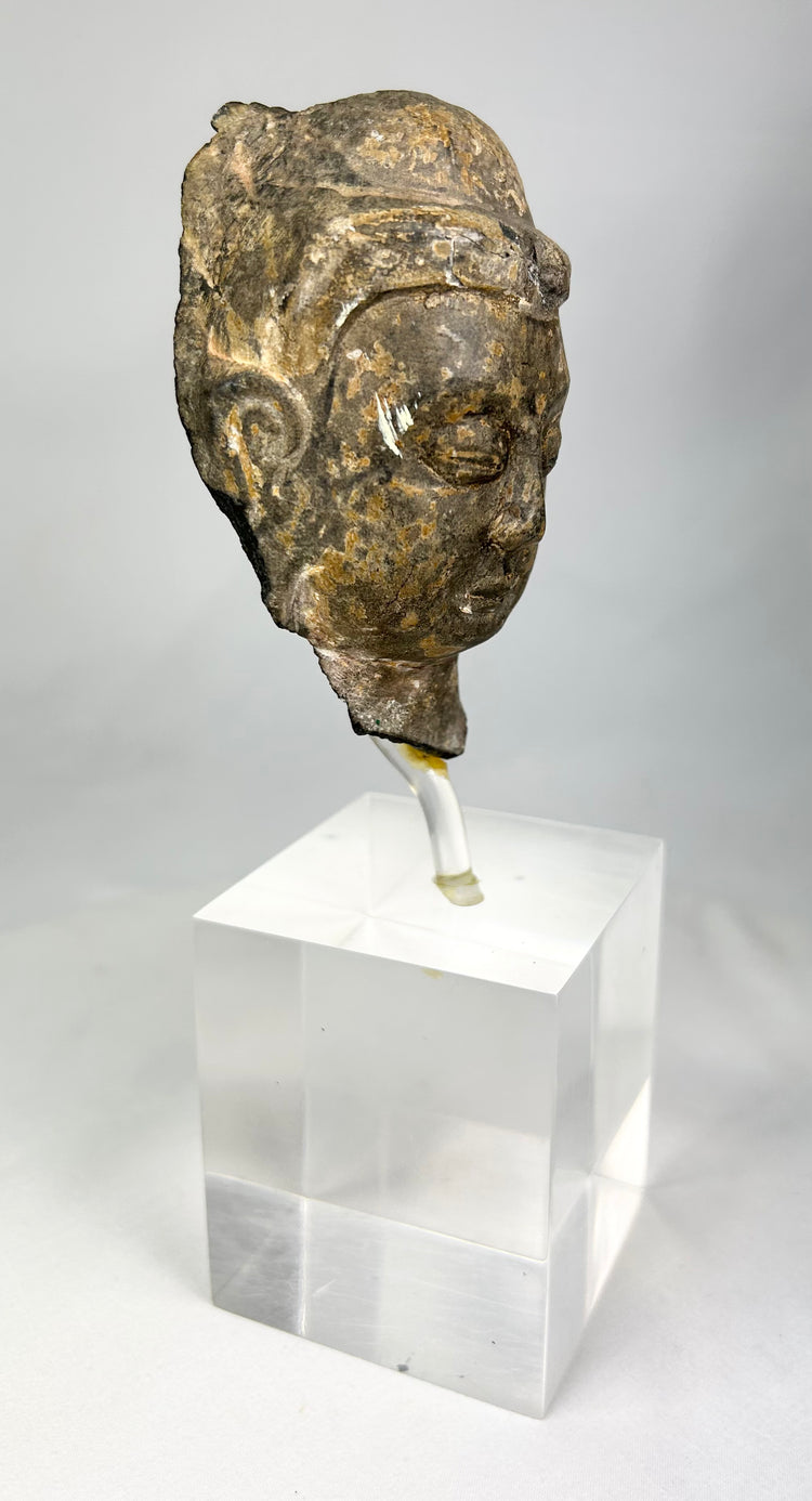 Close-up of Gandhara Buddha head fragment highlighting Greco-Roman influence in early Buddhist art, 3rd–5th century CE