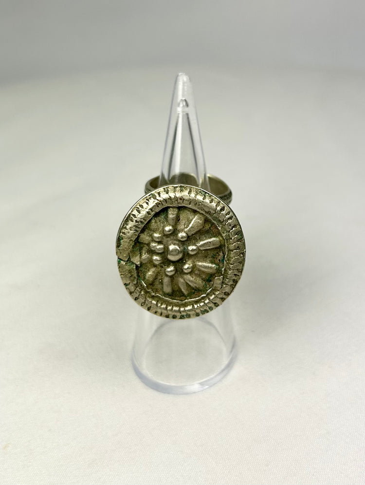 Silver Alloy Ring with Beaded Rosette Face | Vintage Jewelry | Circa 19th Century