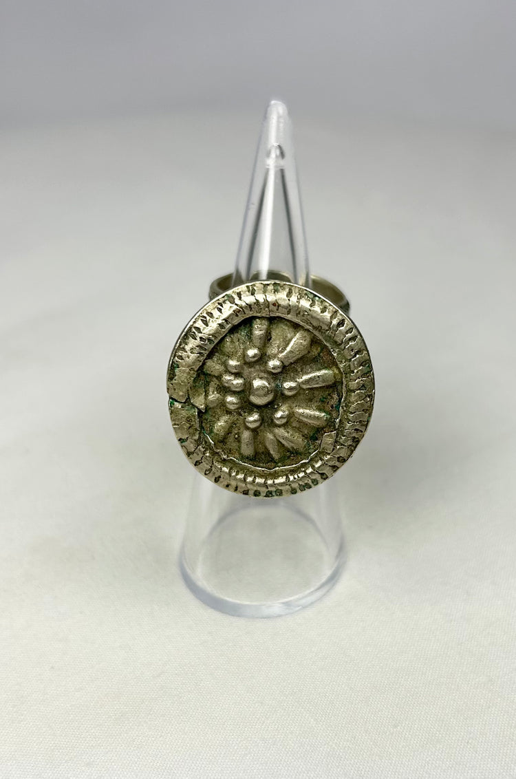 Silver Alloy Ring with Beaded Rosette Face | Vintage Jewelry | Circa 19th Century