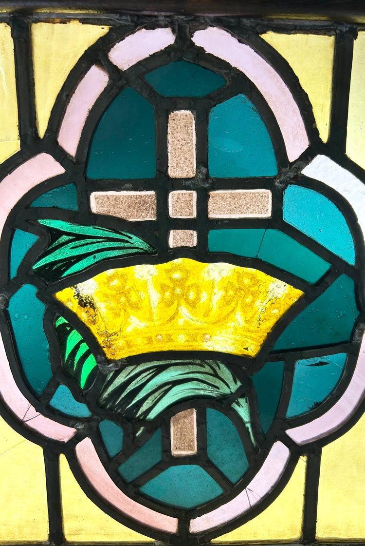 Stained Glass Panel with Cross and Crown Motif | Ecclesiastical/Church Window | Circa 1900–1925