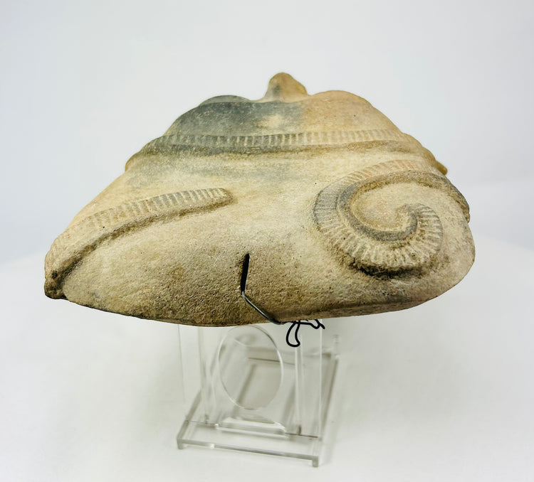 Rear of Pre-Columbian terracotta head showing hollow construction and kiln aperture opening.