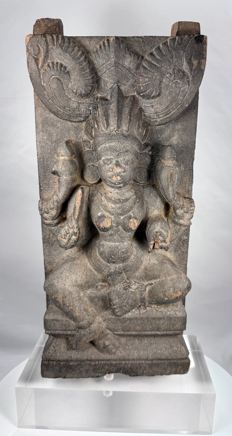 Late 19th-century wooden carving of Lakshmi surrounded by elephants