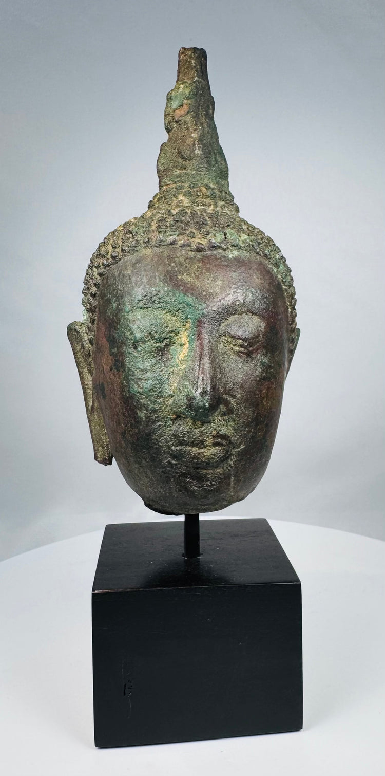 Antique Thai bronze head of Buddha Shakyamuni with natural green patina