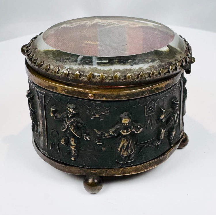 Open antique French casket displaying its surviving period textile lining