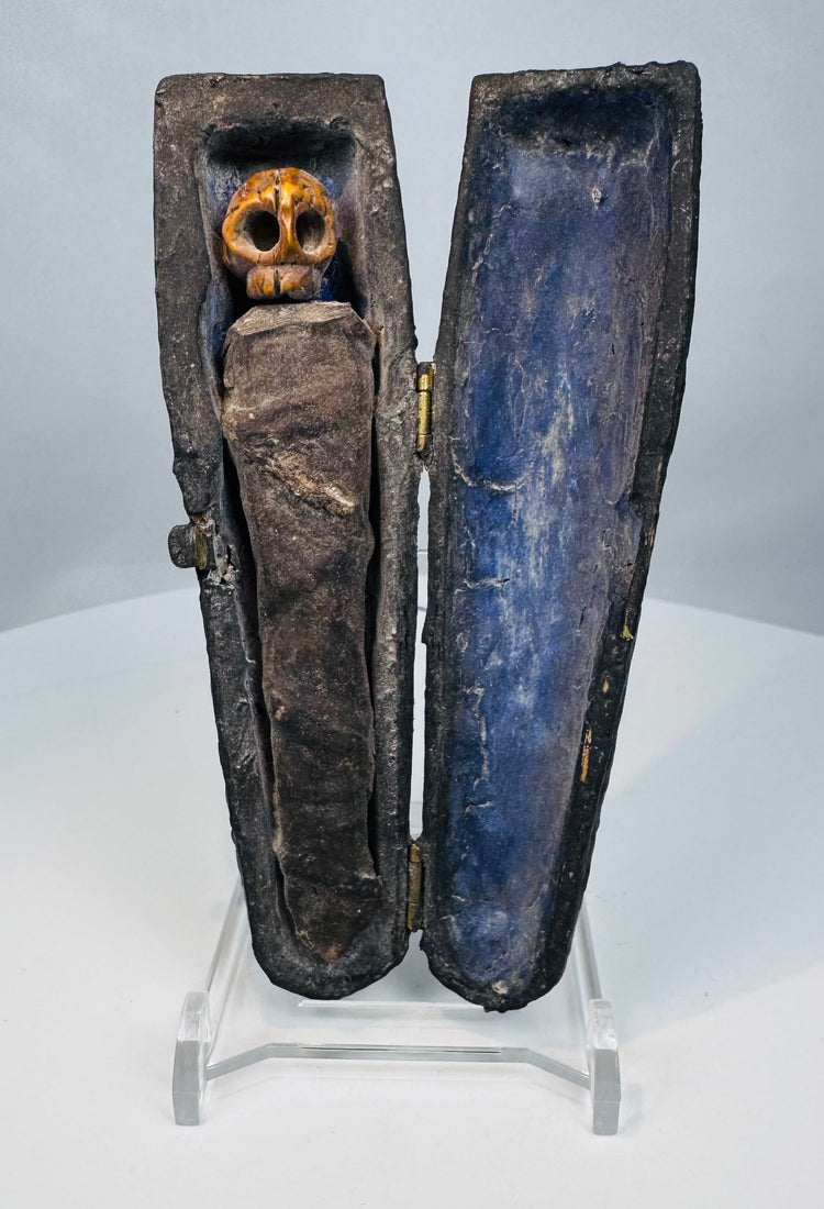 German-speaking European miniature funerary coffin with carved skull