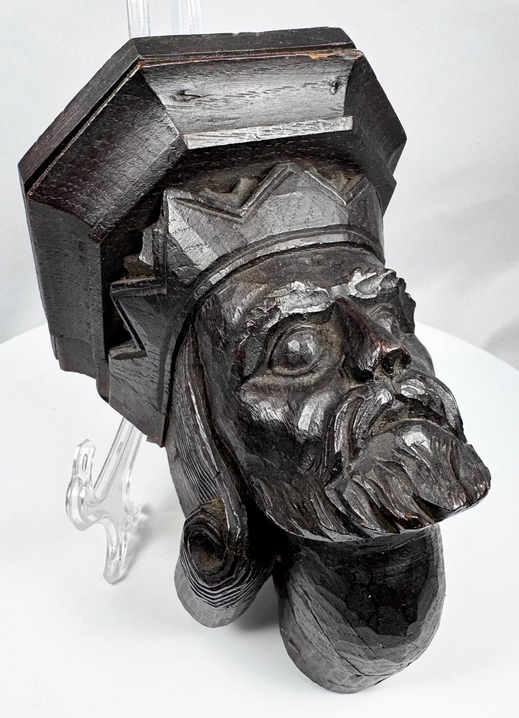 19th-century Gothic Revival carved wooden corbel with bearded king