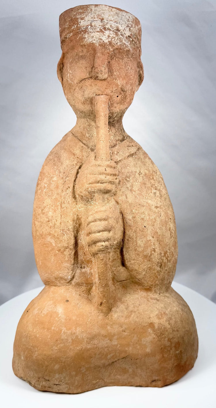 Ancient Chinese flute player tomb figure with tall headdress