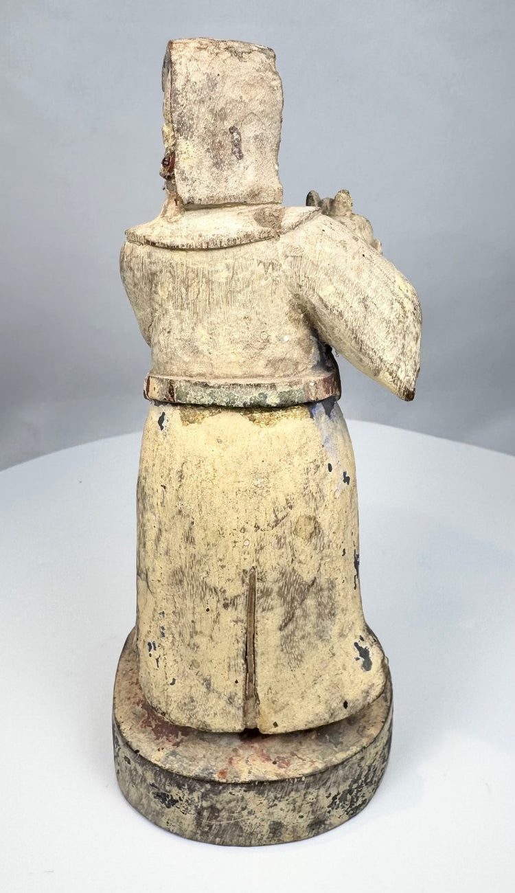 Hand-carved Chinese wooden figure with a tall formal headdress