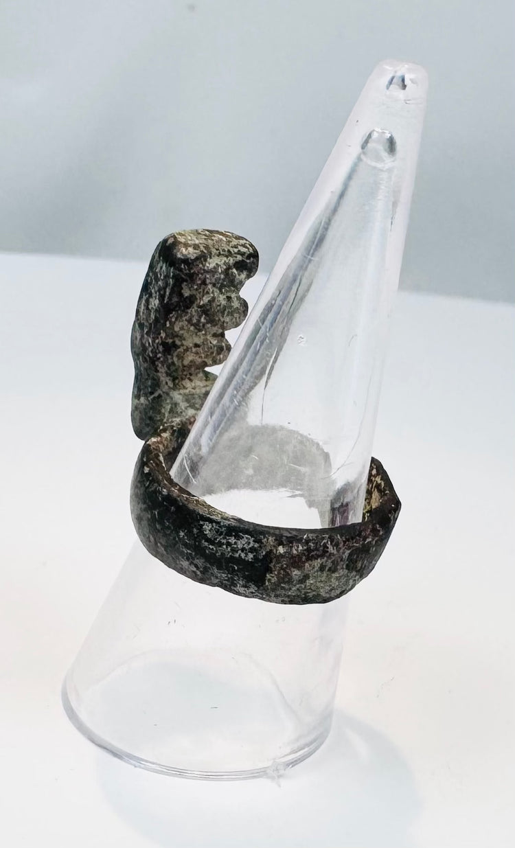 Close-up of the stepped key bit on an ancient Roman bronze ring key dating to the 3rd–4th century CE