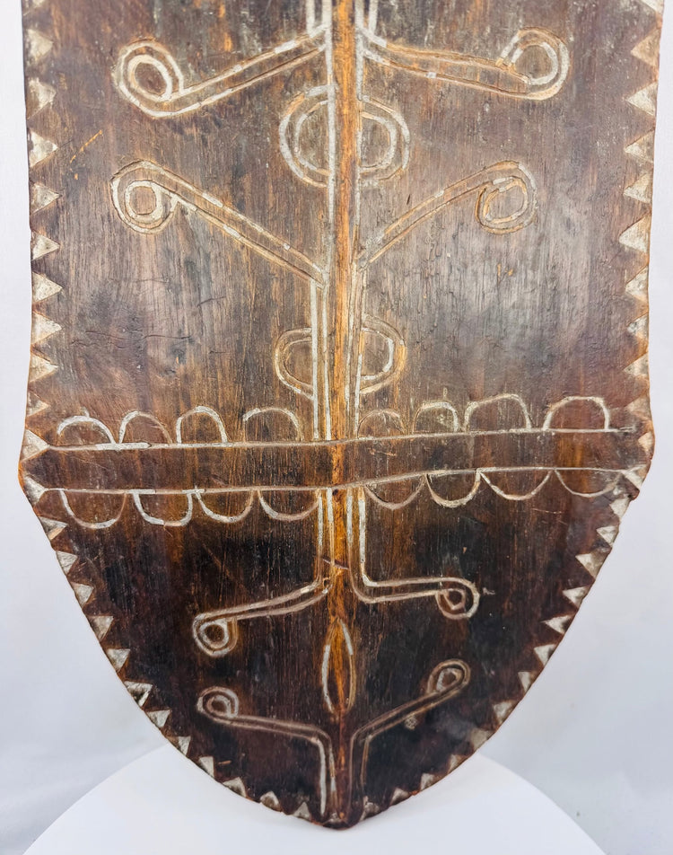 Reverse of the African wooden shield showing its substantial hand-carved carrying grip
