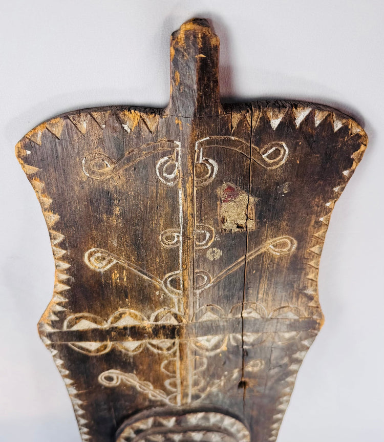 Side profile of the large African ceremonial shield showing its carved form and rear handgrip