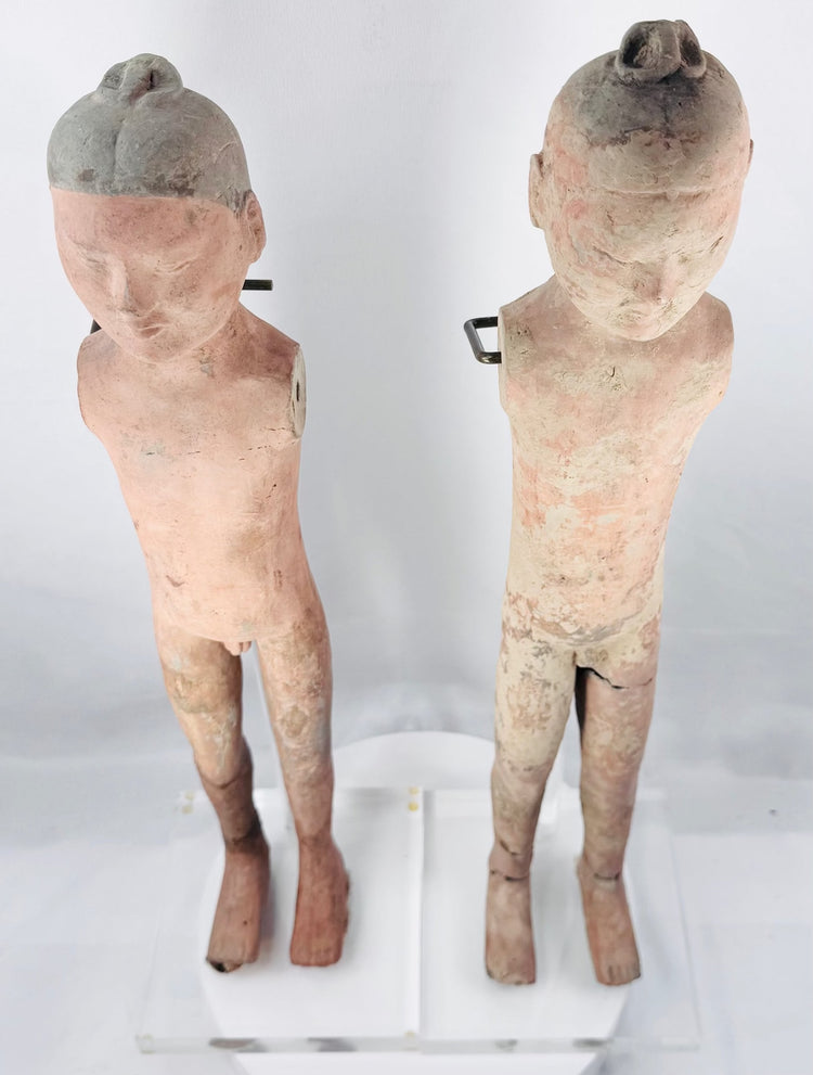Custom acrylic display mounts supporting a pair of Western Han terracotta figures